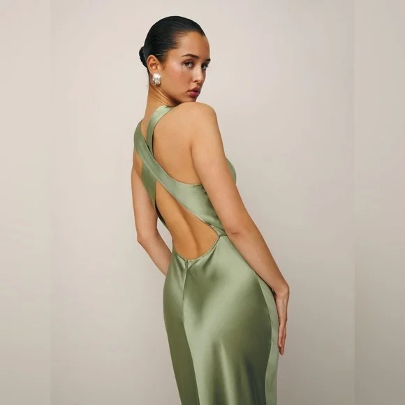 Reformation Casette Silk Dress, Artichoke Brand New - Picture 2 of 7